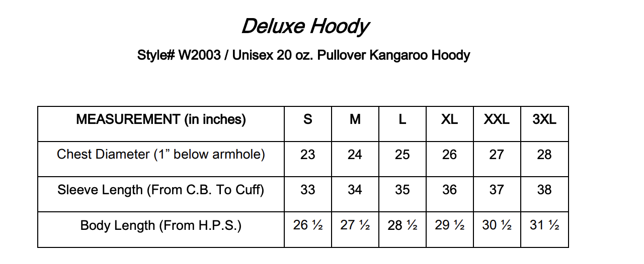 W2003 Size Chart